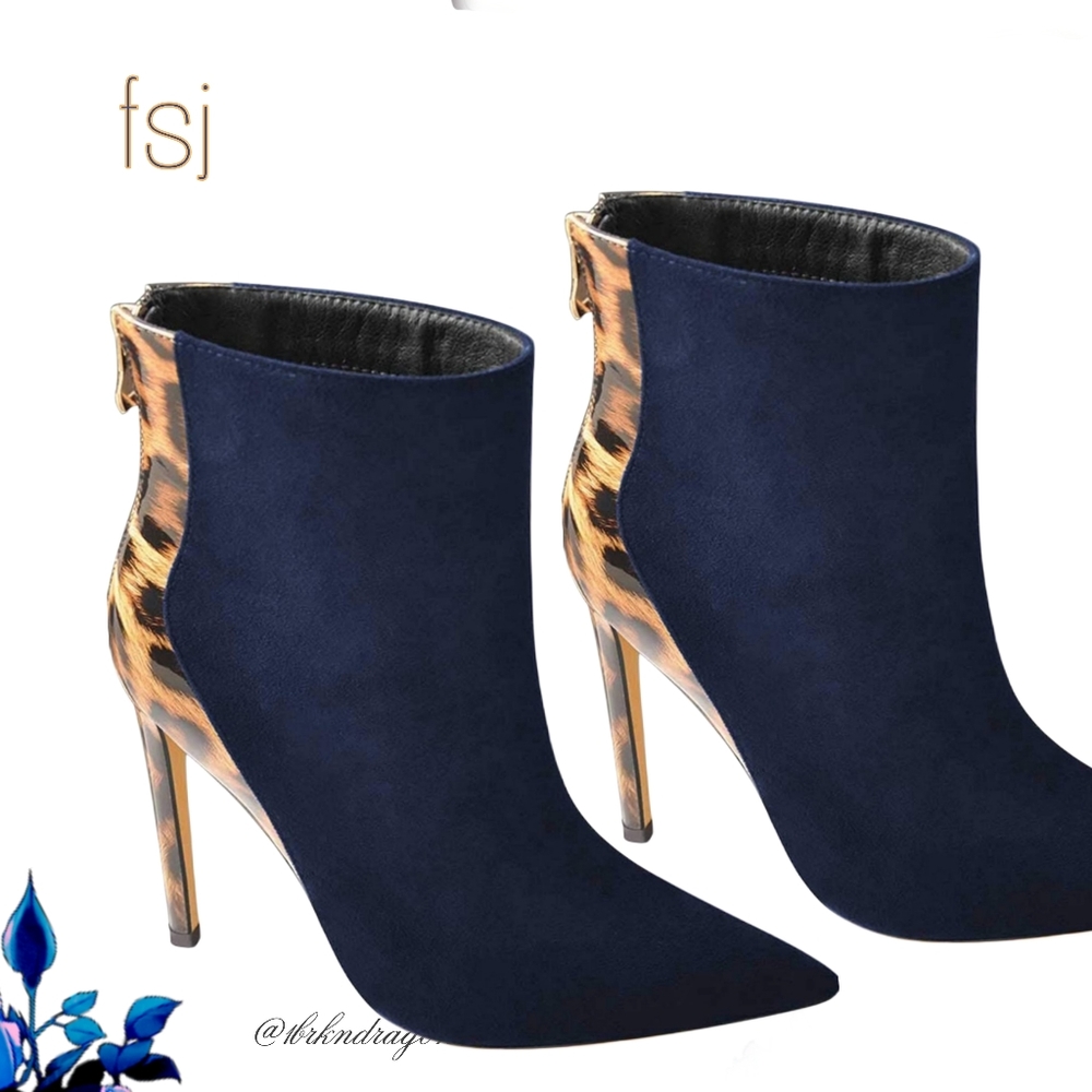 NWT Navy or Black Leopard Stilettos Two Tone Booties Polished Dress Booties - Picture 1 of 14
